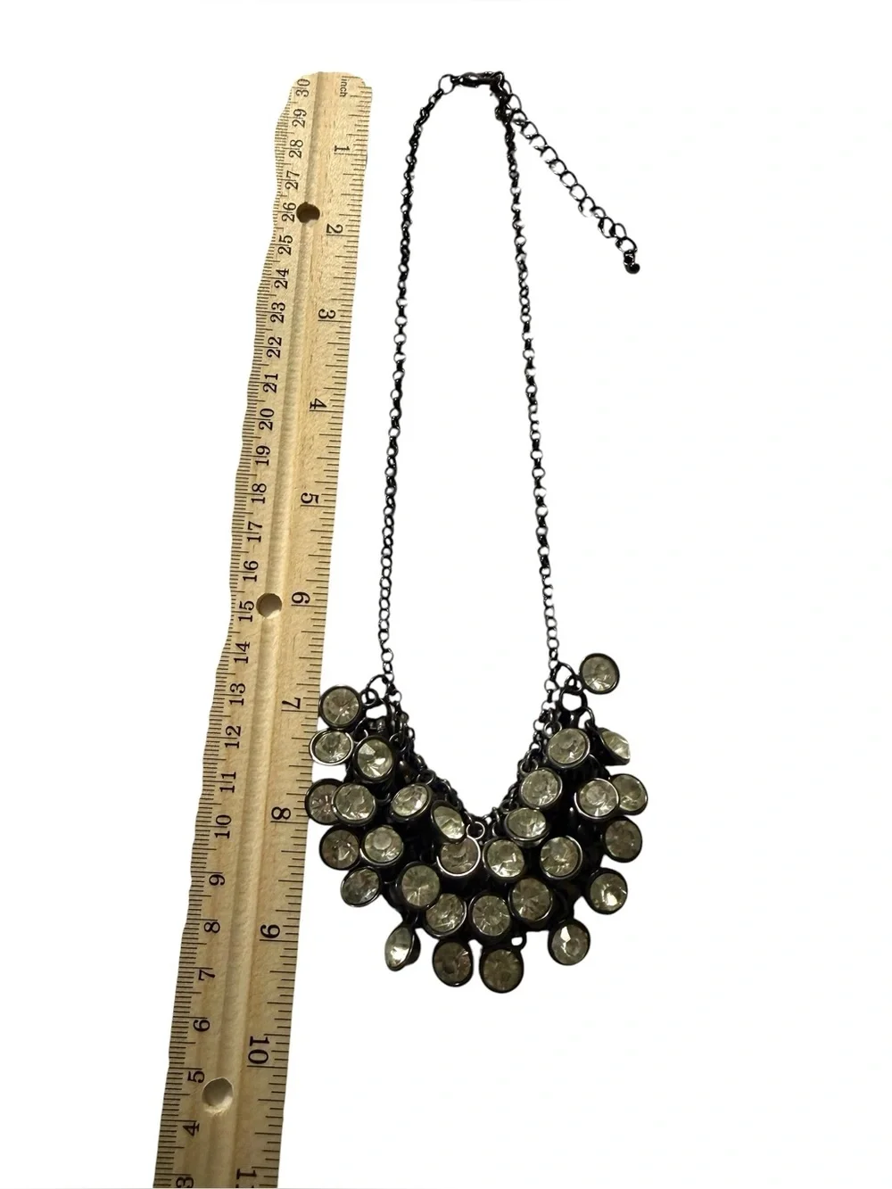 Crystal Disc Bib Necklace - Black Chain, Clear Stones Adjustable